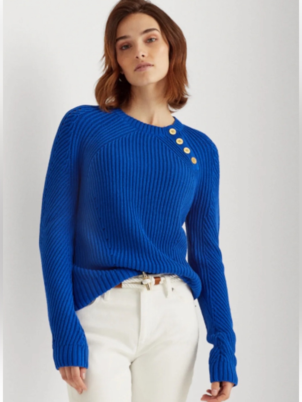 Ralph Lauren Royal Blue Ribbed Crewneck Sweater with Gold Buttons